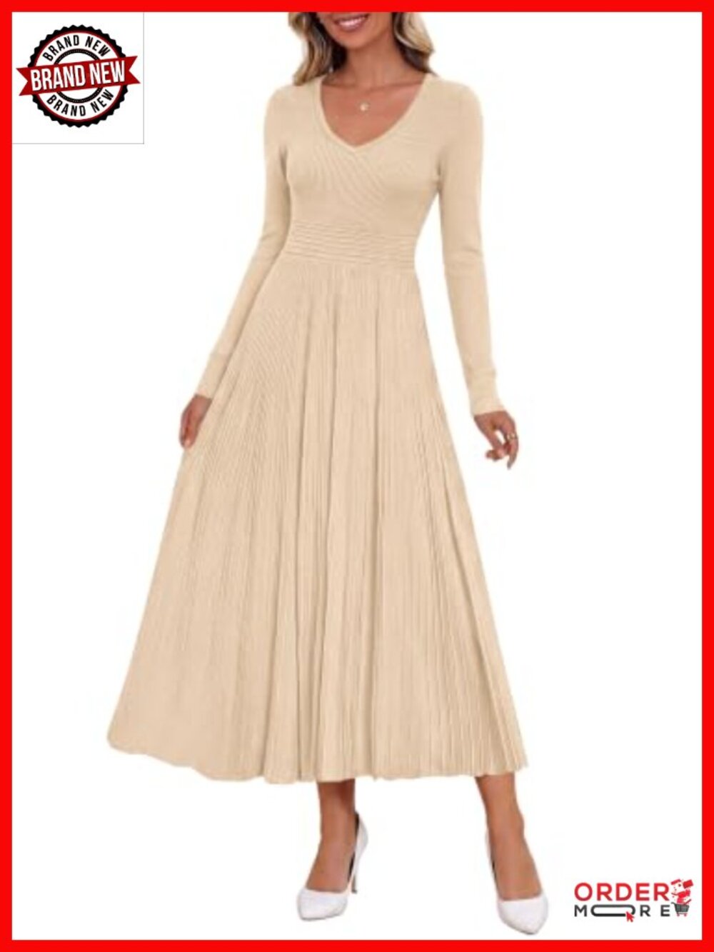 Women's V Neck Pleated Midi Sweater Dress Long Sleeve Knit A-Line